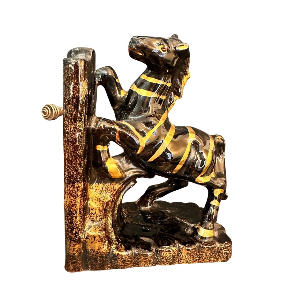 Brinnco Horse Bookend Vintage Black Gold Ceramic Rearing Stallion 1950s 1960s